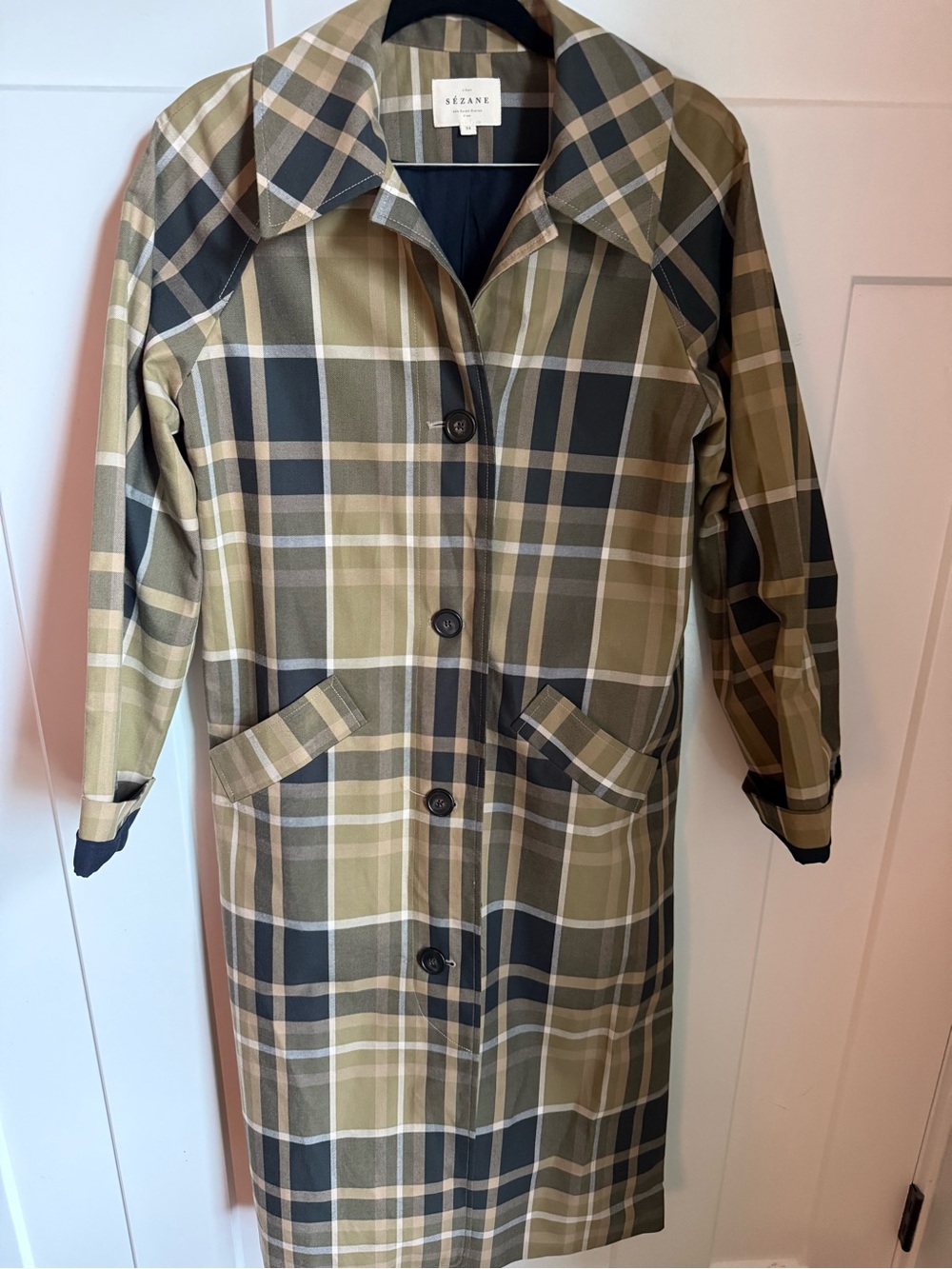 Sezane Clyde Plaid Long Trench Coat in Beige and Moss Green Checks, size 34. - Picture 4 of 10